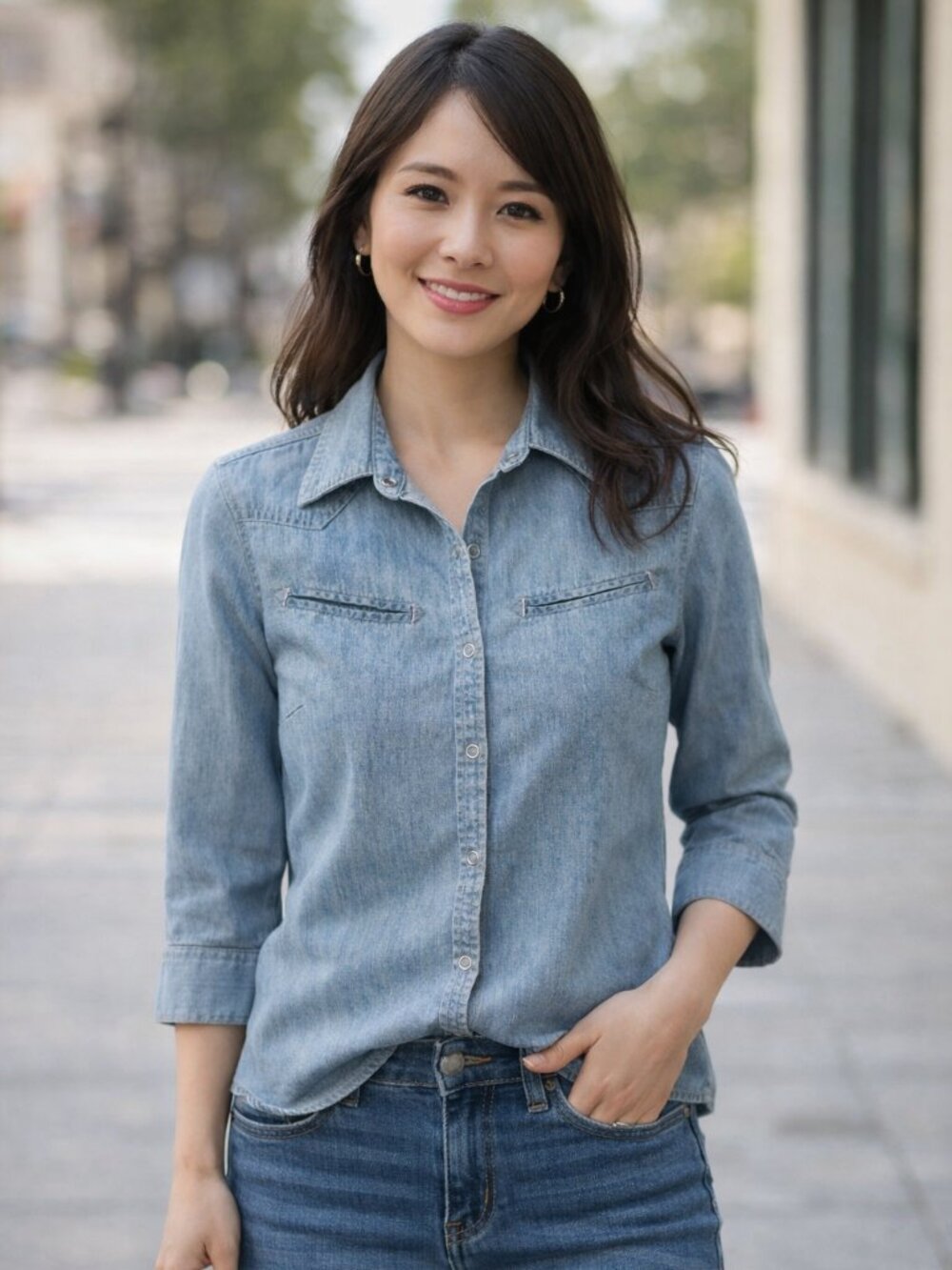 Gloria Vanderbilt Vintage Petite Light-Wash Denim Button-Down Shirt, Size PS